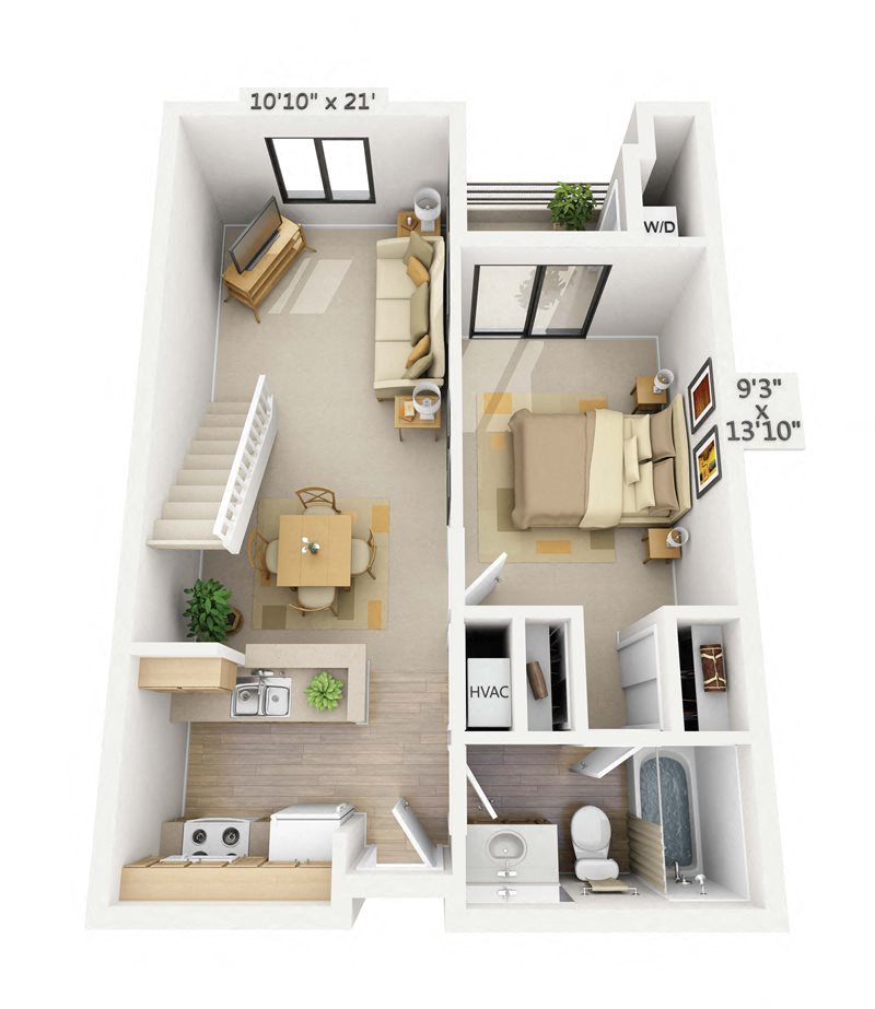 Floor plan for 1 bed, 1 bath, 774 sqft
